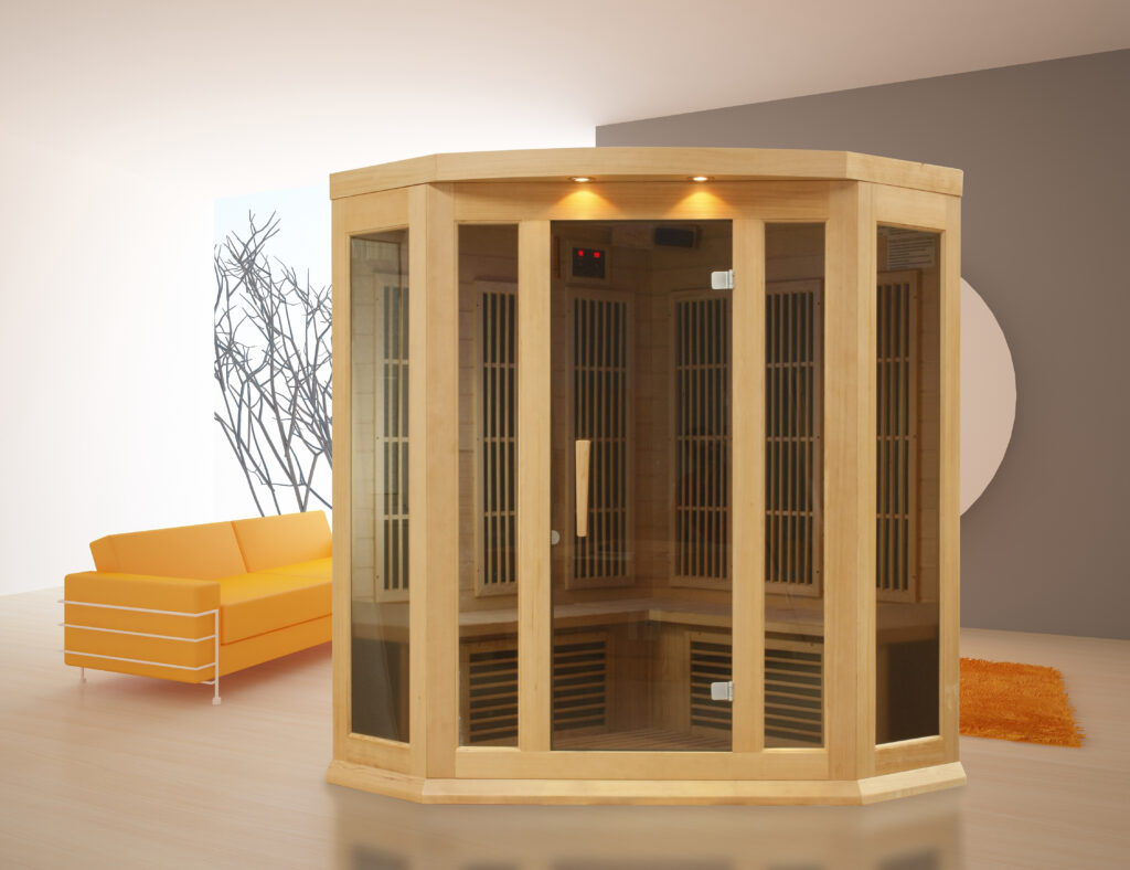 MX-K356-01 H 3x3 (7) Maxxus Avignon 3 Person Corner Low EMF FAR Infrared Sauna Canadian Hemlock MX-K356-01