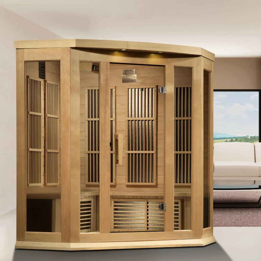 MX-K356-01ZFHemlock3x3_4 Maxxus Avignon 3 Person Corner Near Zero EMF FAR Infrared Sauna - Canadian Hemlock MX-K356-01-ZF