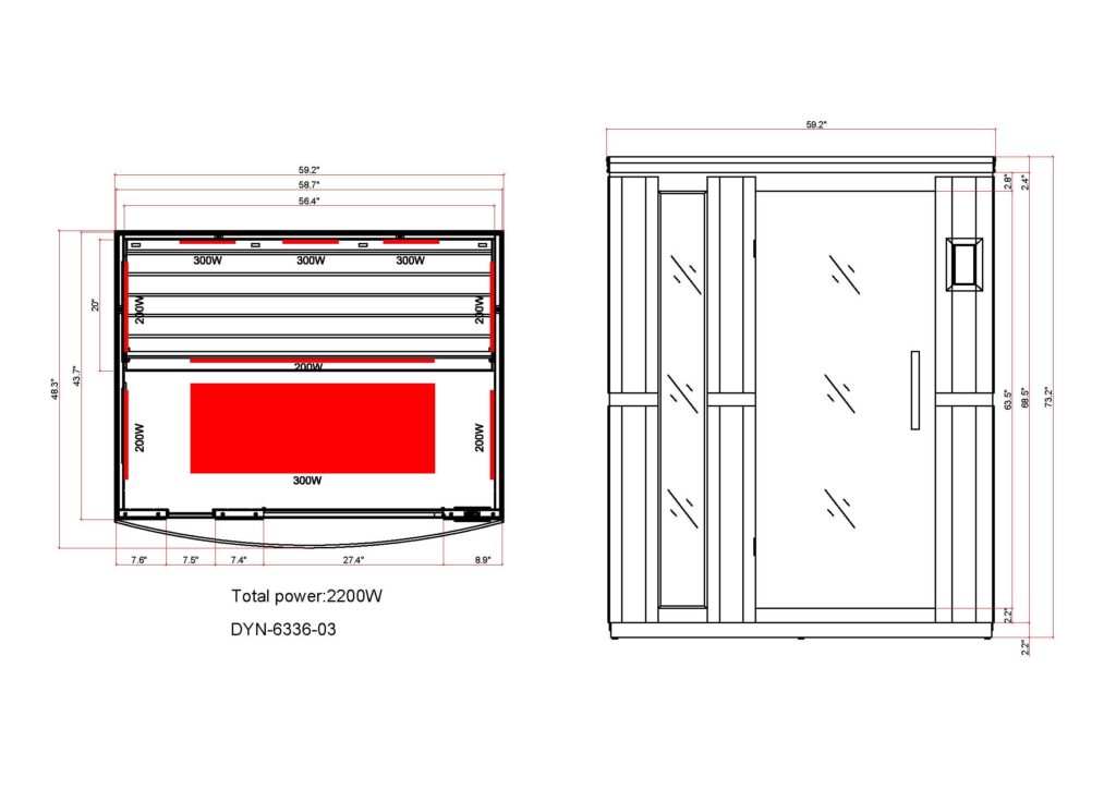 DYN-6336-03 dimensional drawing (after 8-2022 - bench =20 in depth) Dynamic Lugano 3 Person Full Spectrum Near Zero EMF Infrared Sauna DYN-6336-03 FS