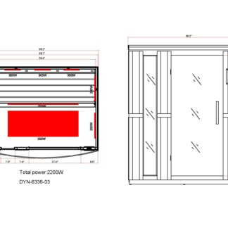 DYN-6336-03 dimensional drawing (after 8-2022 - bench =20 in depth) Dynamic Lugano 3 Person Full Spectrum Near Zero EMF Infrared Sauna DYN-6336-03 FS