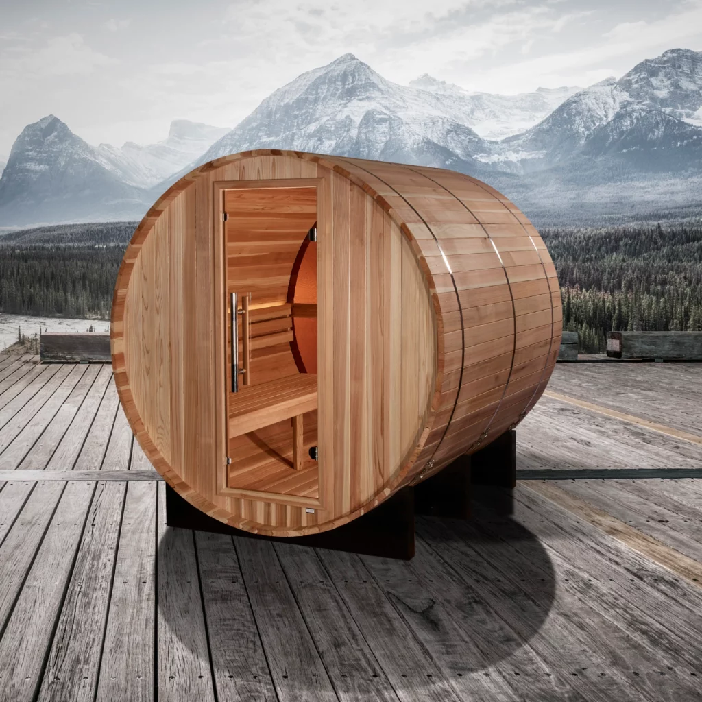 Golden Designs Zurich 4 Person Barrel with Bronze Privacy View - Traditional Sauna - Pacific Cedar GDI-B024-01