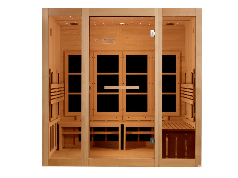 gdi-6880-03-center-bench_on_right Golden Designs 8 Person Full Spectrum Near Zero EMF FAR IR Sauna